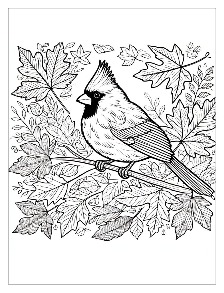 A red cardinal perched among autumn leaves.