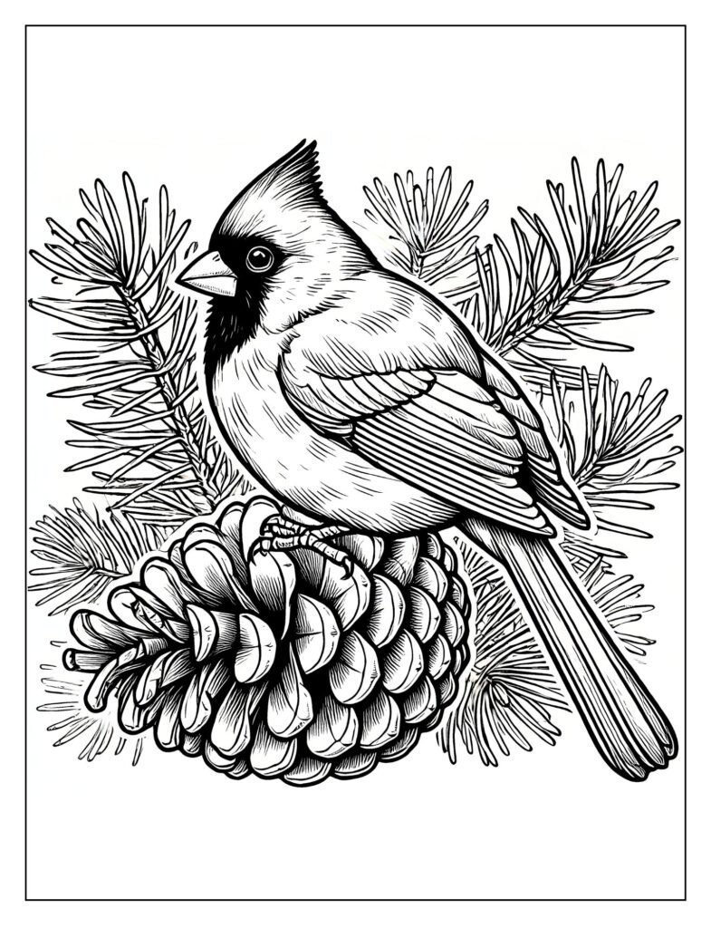 A red cardinal perched on a pinecone-covered branch.