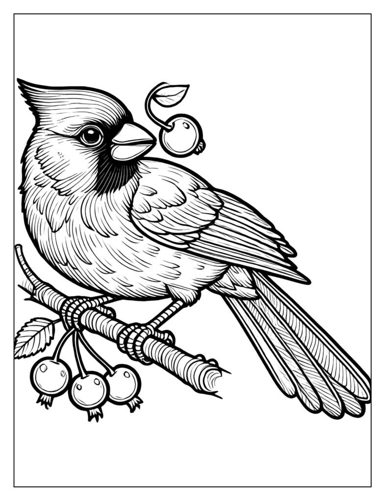 A red cardinal holding a berry in its beak.