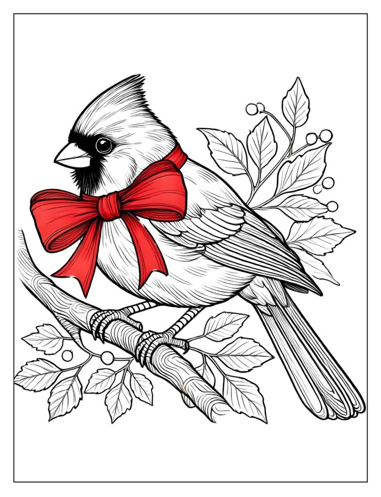 A red cardinal with a decorative ribbon, potentially tied around a branch or its leg.