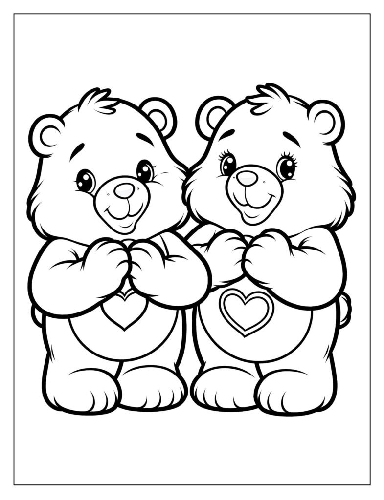 An outline illustration of multiple Care Bears exploring their home in Care-a-Lot, featuring clouds and rainbows, ready for coloring.