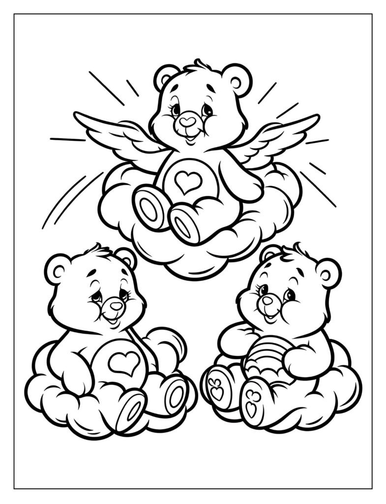 A line art illustration featuring Bedtime Bear, the blue Care Bear with a moon and star belly badge, sleeping peacefully on a cloud, perfect for coloring.