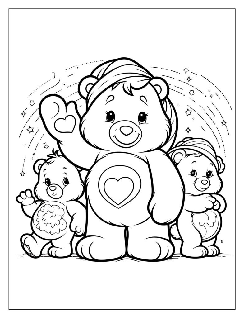 An outline drawing of Cheer Bear, the pink Care Bear with a rainbow belly badge, spreading happiness with a vibrant rainbow in the background, ready to be colored.
