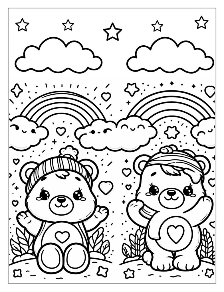 An outline drawing of Care Bears discovering an exciting, uncharted location, conveying a sense of adventure, ready for coloring.