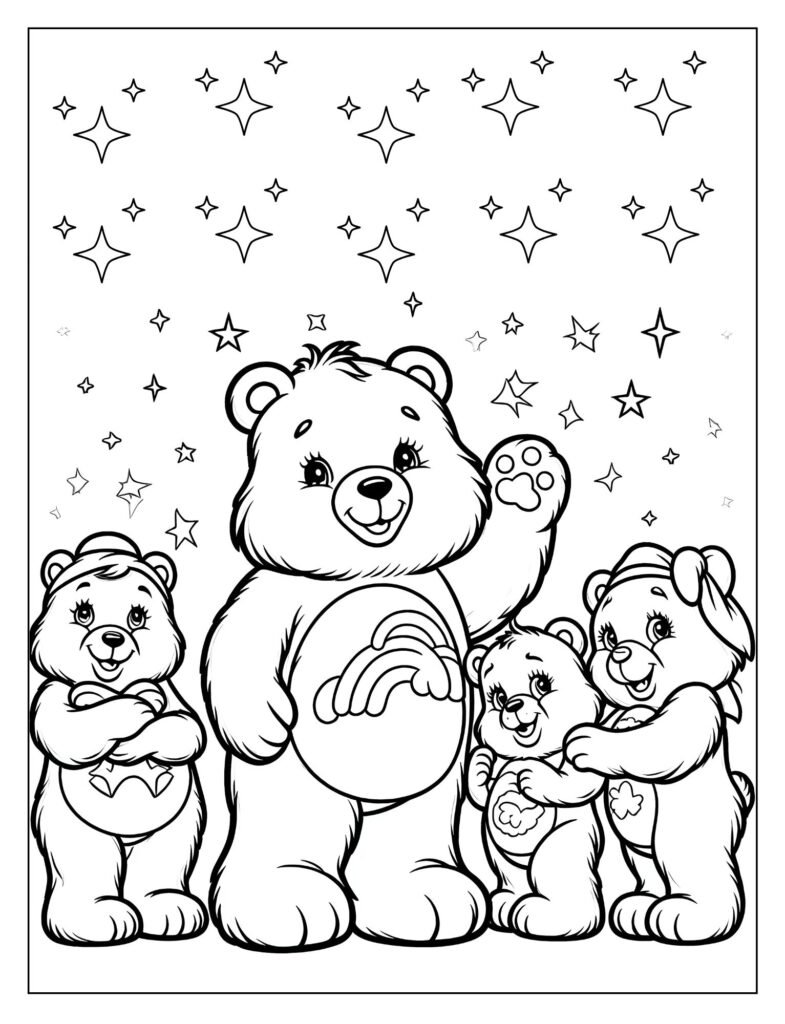 A black and white outline drawing of Funshine Bear, the yellow Care Bear with a sun belly badge, enjoying a bright, sunny day, ready for kids to color.