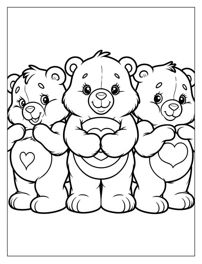 A black and white illustration of Good Luck Bear, the green Care Bear with a four-leaf clover belly badge, bringing good fortune, ready for coloring.