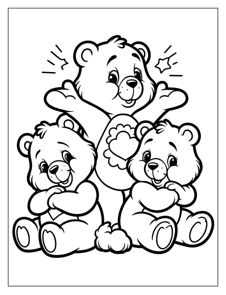 An outline drawing of a Care Bear, possibly Tenderheart, engaged in mending a heart or showing empathy, symbolizing healing and care, ready for coloring.