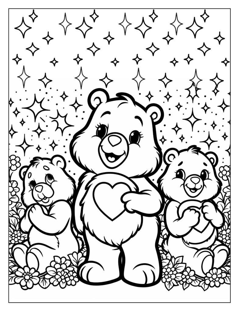 A black and white drawing showing Care Bears descending from the clouds towards Earth, ready to spread care, perfect for coloring.