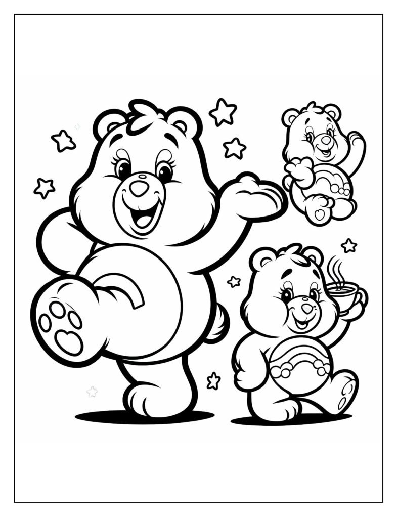A black and white drawing of several Care Bears engaged in playful activities together, like games or frolicking, ready for coloring.