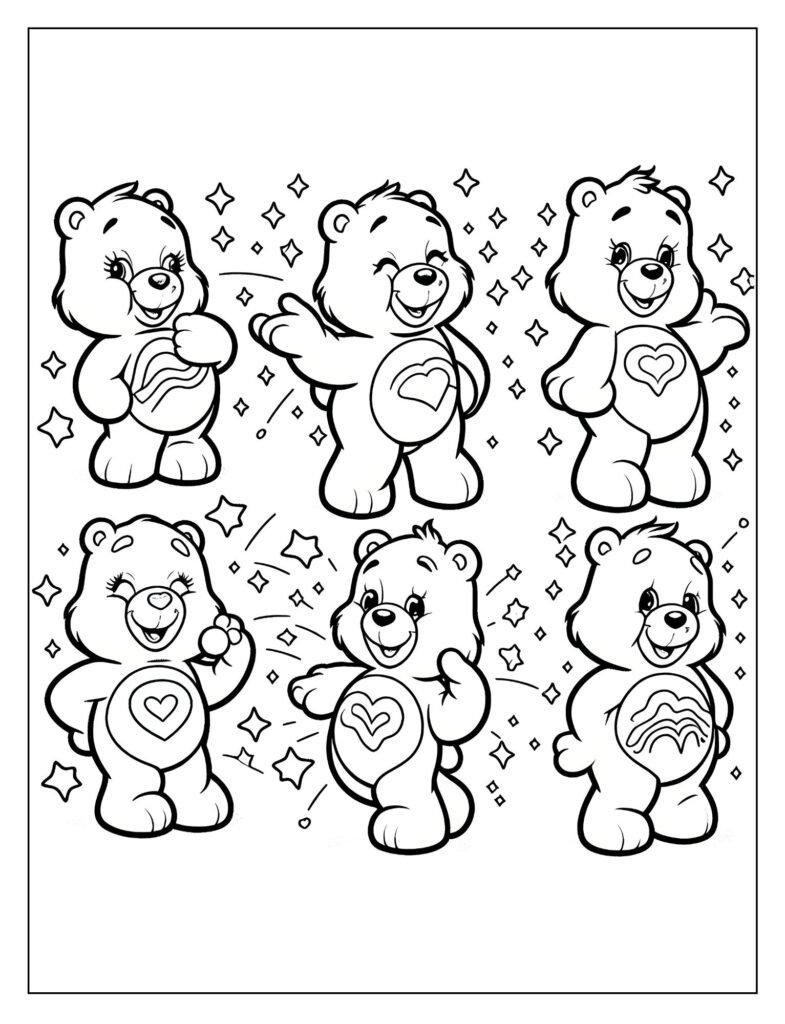 A line art illustration depicting Care Bears laughing and sharing happy smiles with each other, radiating joy, ready for coloring.