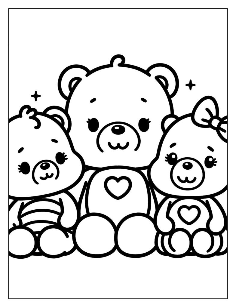 A line art illustration featuring a group of Care Bears and their Star Buddies playing together joyfully, ready for coloring.