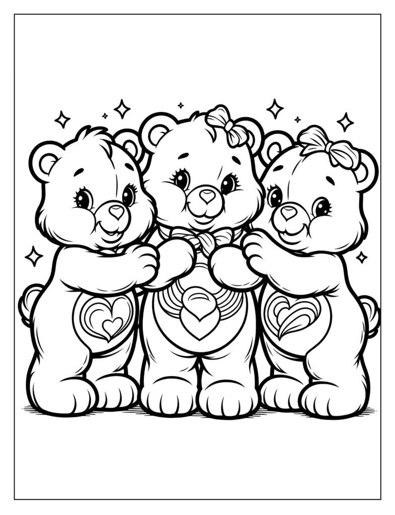 A line art drawing of Tenderheart Bear, the orange Care Bear with a red heart belly badge, offering a warm, caring hug, perfect for coloring.