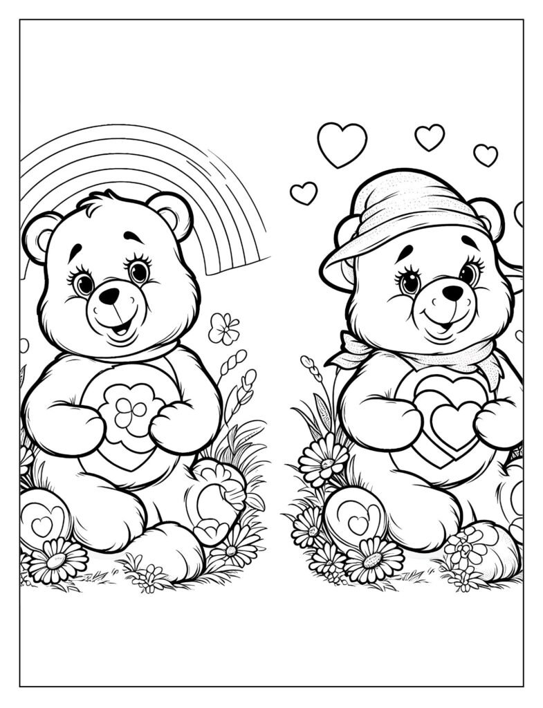 A black and white illustration depicting several Care Bears working together, radiating care and kindness, emphasizing their collective power, ready for coloring.