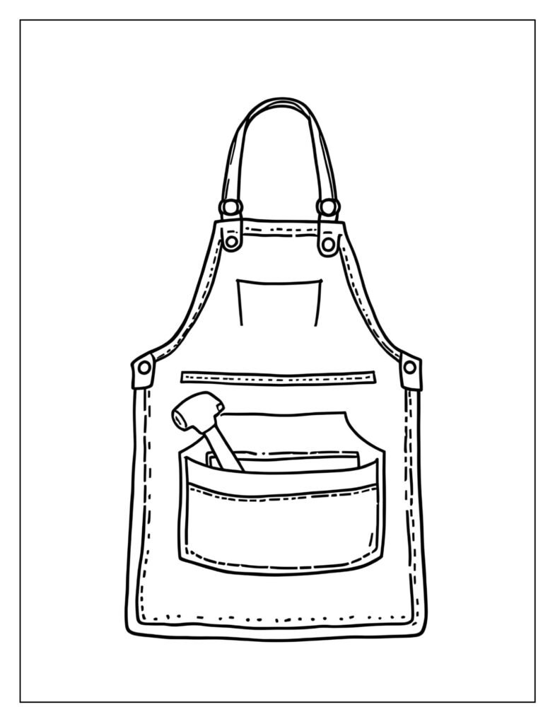 Drawing of a rugged carpenter's apron hanging up, with a hammer tucked securely into one of the specialized loops.
