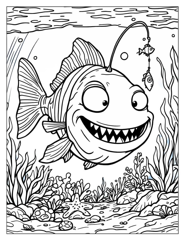 Simple, rounded, and expressive line art of a comical Cartoon Angler Fish.