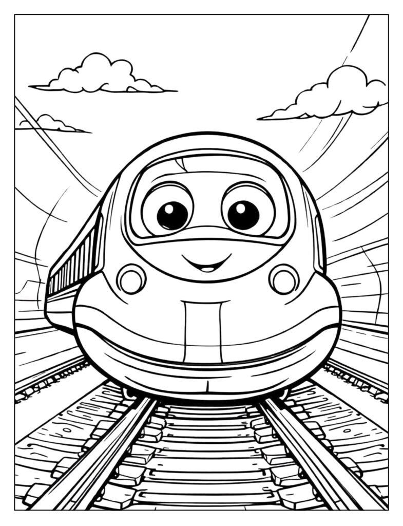 A simplified, friendly, cartoon-style bullet train with big, smiling eyes and speed lines