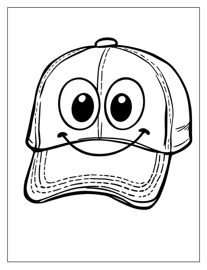 Baseball cap drawn as a cheerful cartoon character with big eyes and a wide, friendly smile on the front.