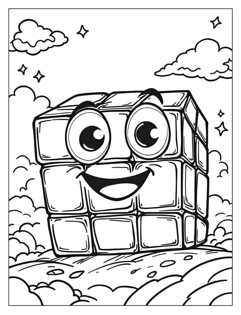 Friendly cartoon 3x3x3 Rubik's Cube with big, happy, smiling eyes and a wide grin.
