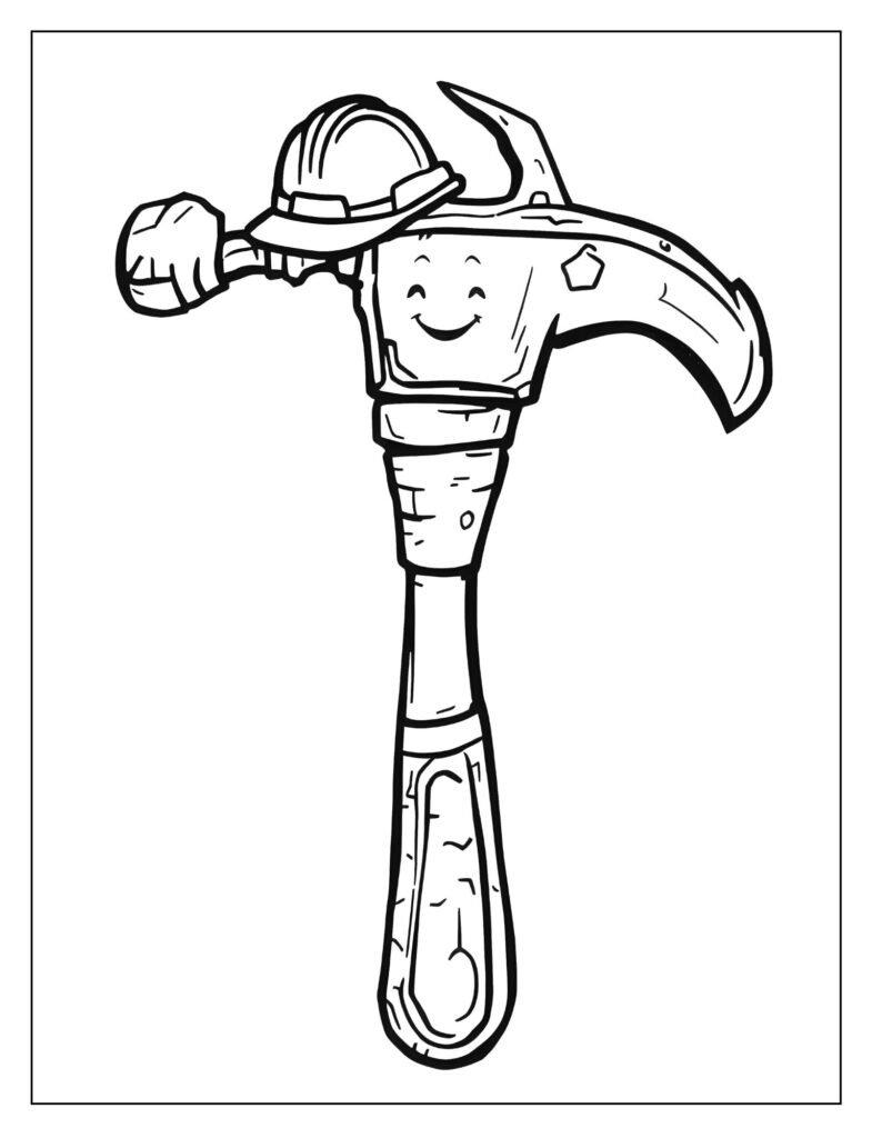 Friendly, cartoon-style claw hammer with a cheerful face and wearing a small construction hard hat.
