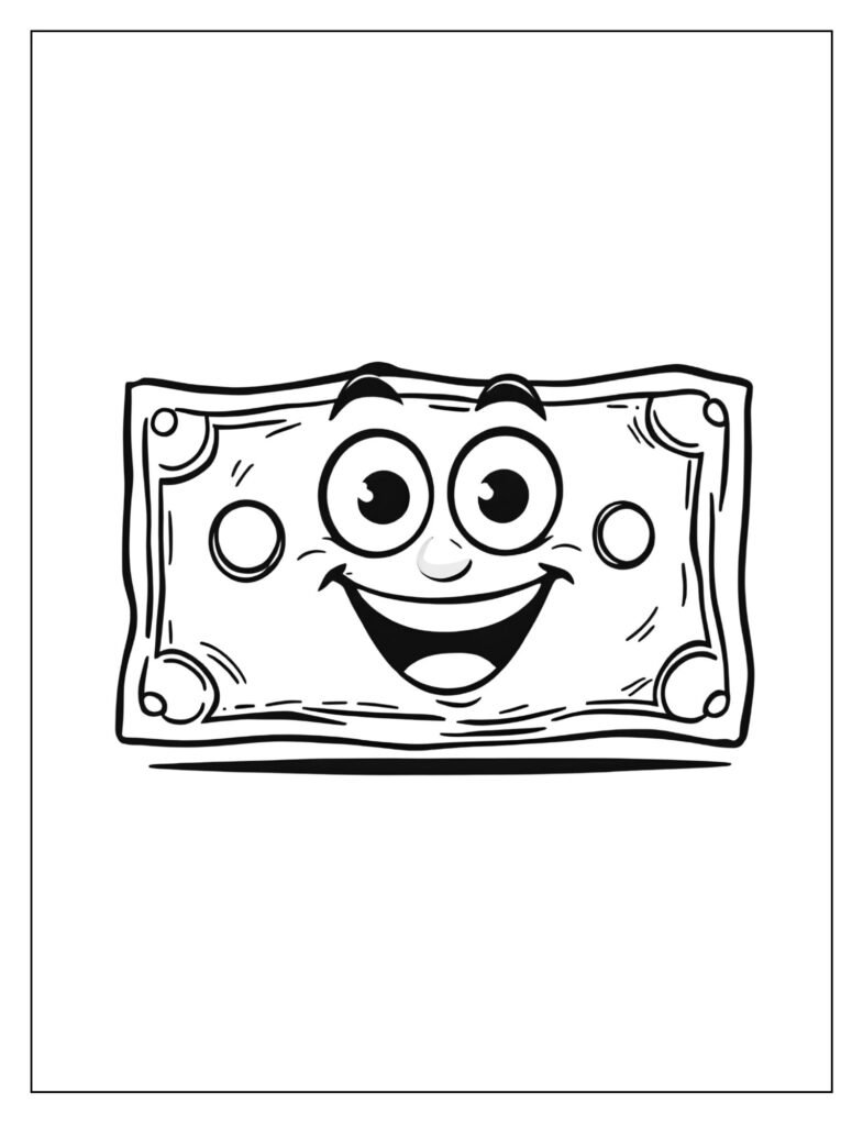 Simple, cheerful cartoon drawing of a crumpled-up dollar bill with eyes and a big smile.