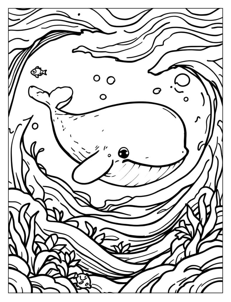 A friendly, cartoon-style humpback whale with a wide, happy smile swimming in simplified waves.