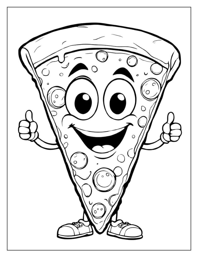 A cartoon slice of pepperoni pizza with a happy, smiling face and small arms giving a thumbs-up.