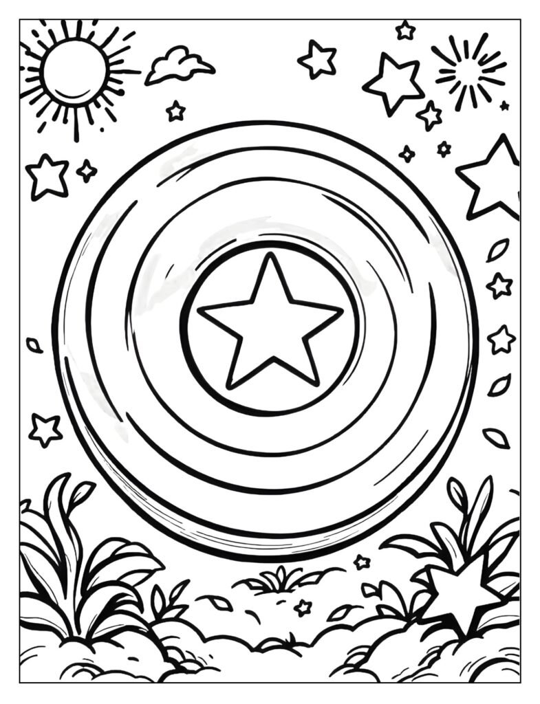 A simple, cheerful, cartoon-style drawing of Captain America's shield with a happy smile.