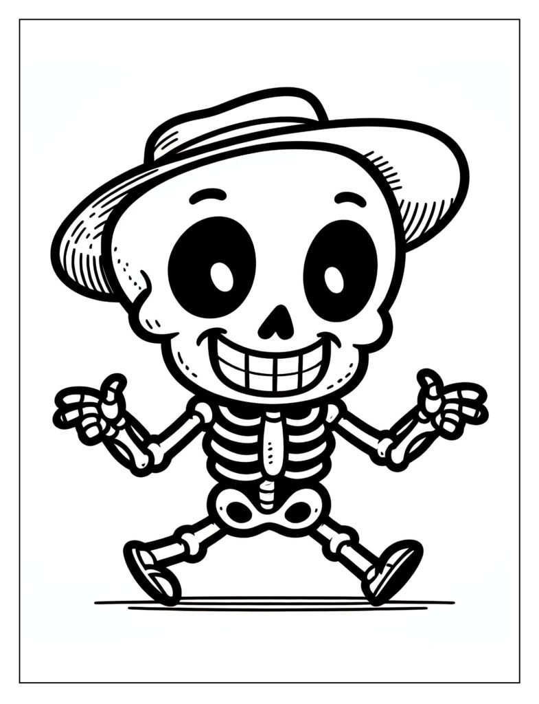 A black and white illustration of a skeleton drawn in a cute, friendly, and simplified cartoon style, ready for coloring.