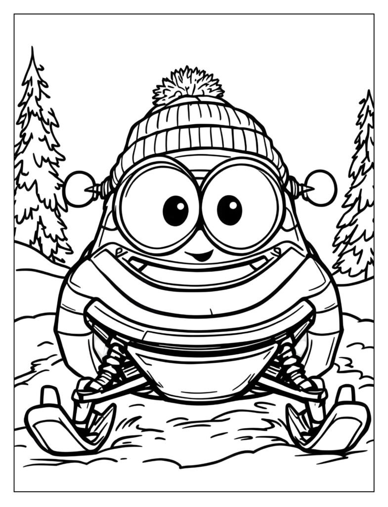 Friendly, cartoon-style snowmobile with big, happy headlights for eyes and a smiling grille, possibly wearing a small winter hat.