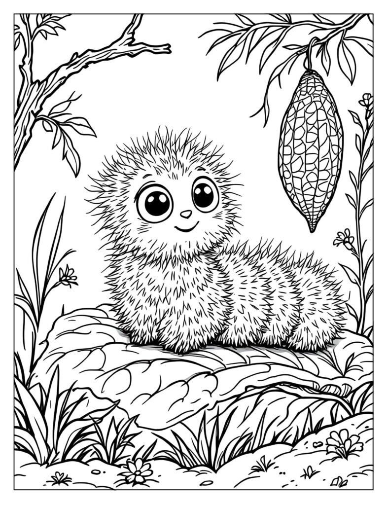 Caterpillar eating leaf with chrysalis nearby coloring page