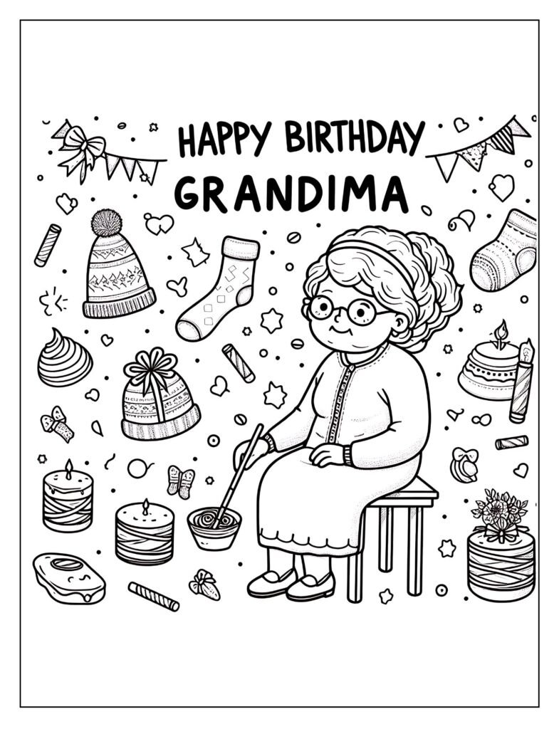 Celebrating Grandma's birthday with gifts coloring page