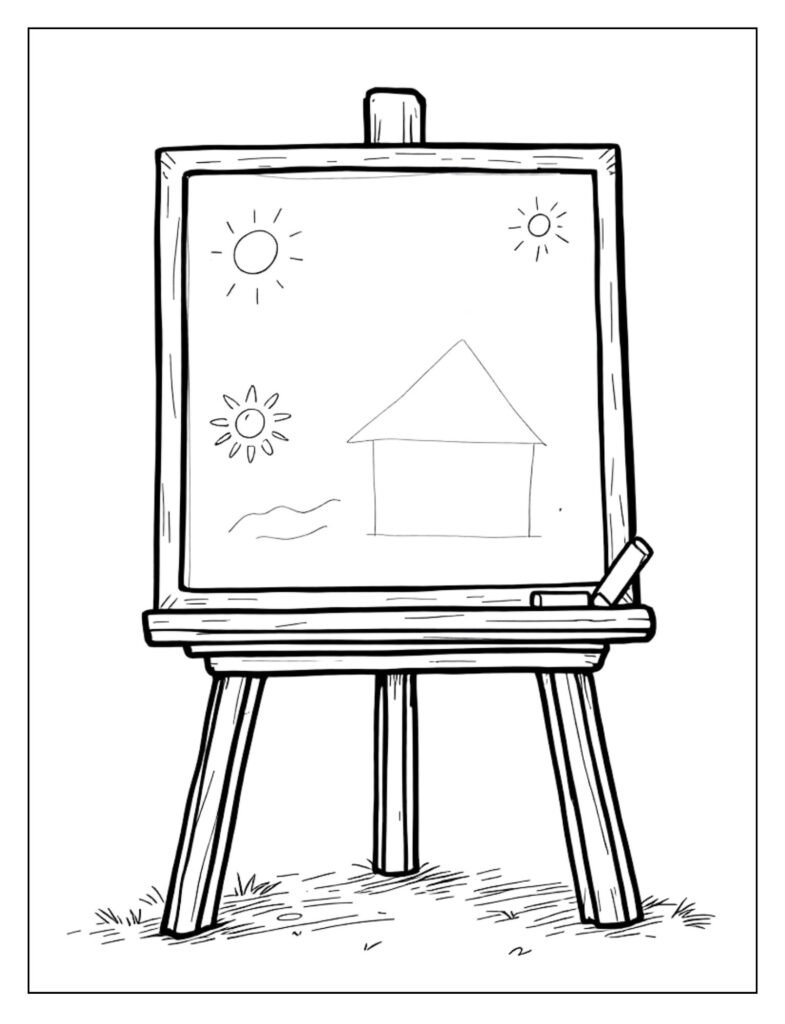 A black and white illustration of a blank chalkboard, ready for coloring.