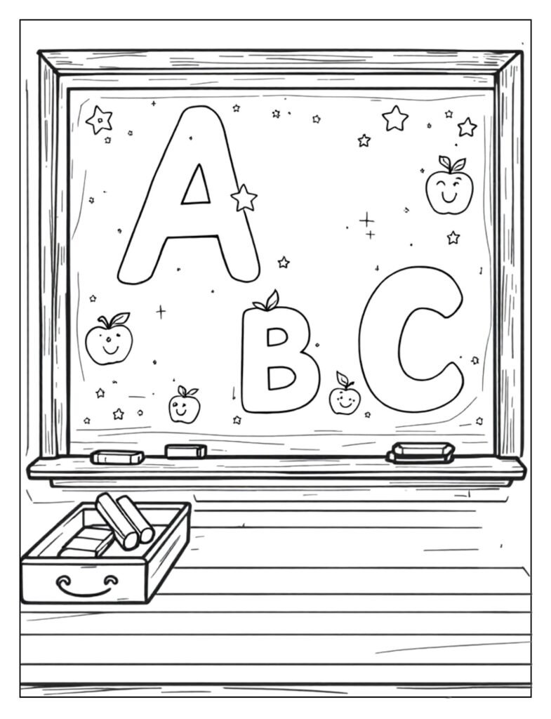 An outline drawing of a chalkboard with the letters of the alphabet written in clear, outlined characters, ready for coloring.
