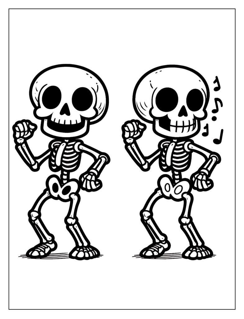 A line art illustration of a skeleton holding a microphone or musical instrument, appearing to sing, ready for coloring.