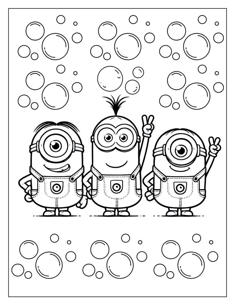An outline drawing showing Minions chasing each other or an object in a playful, energetic way, ready for coloring.