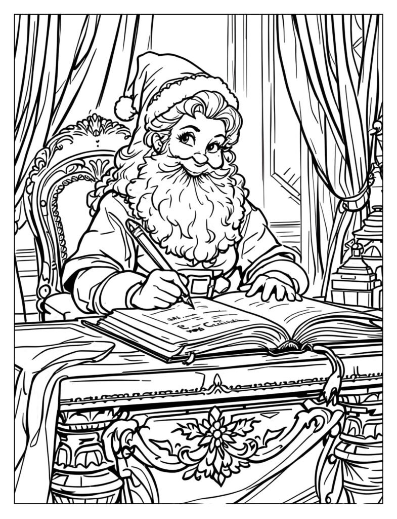 Mrs. Claus sitting at a desk with a huge, old-fashioned, leather-bound book open, looking over the pages.

