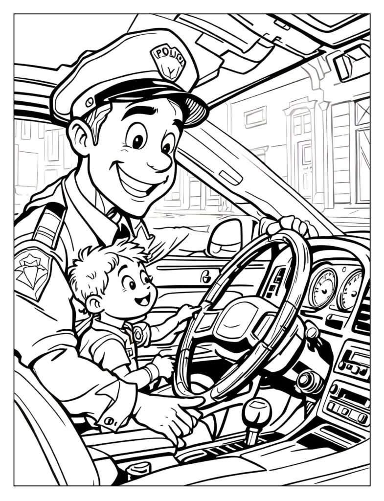 A police officer showing a child the front seat and dashboard of a police car.
