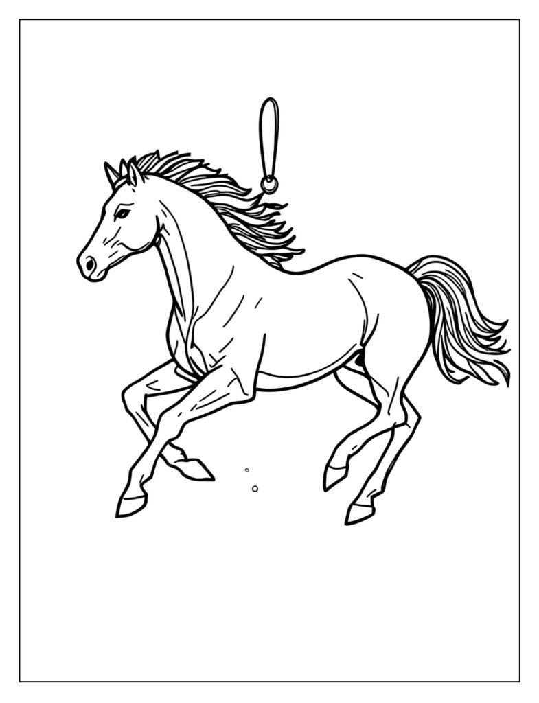 Detailed drawing of a large, beautiful Christmas tree ornament shaped like a running horse with a hook for hanging.