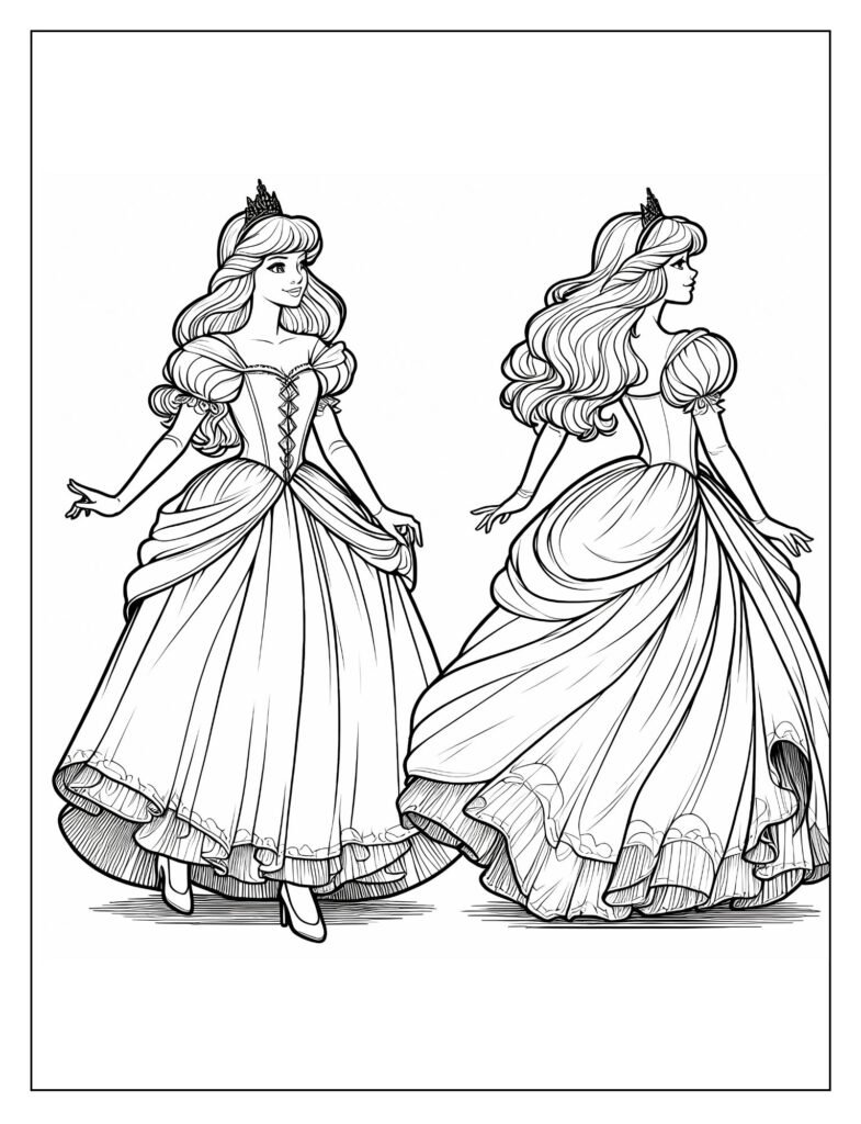 A sketch of Cinderella's ballgown, with delicate details and shimmering fabrics.
