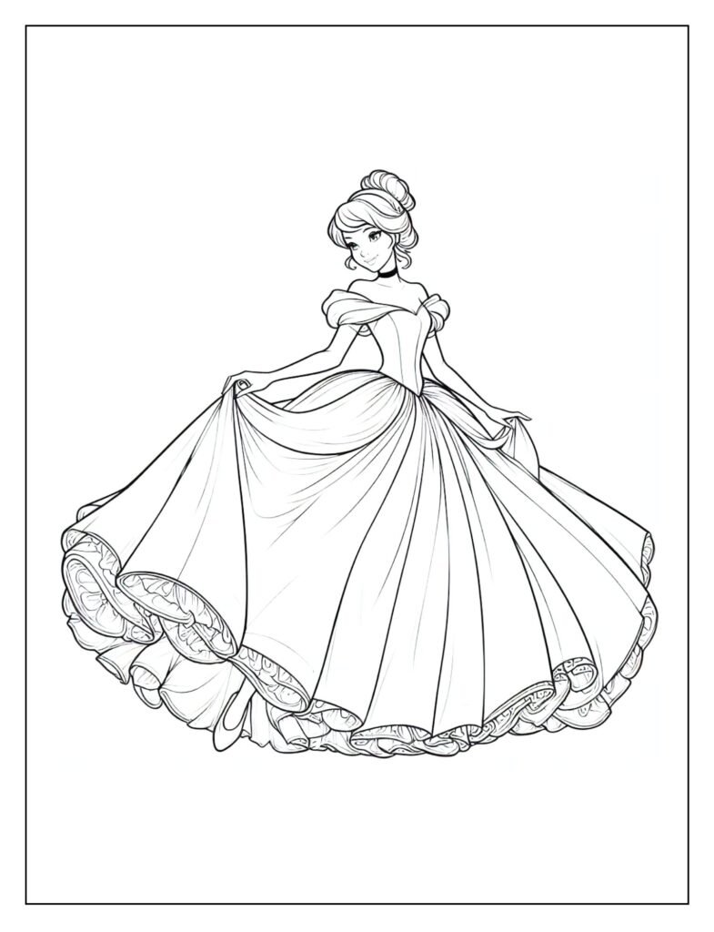 A beautiful young woman in a sparkling ballgown, dancing gracefully with a handsome prince.