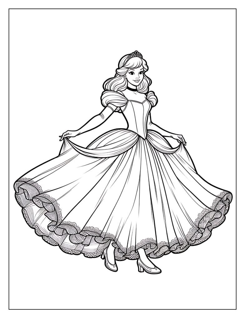 Cinderella laughing happily with her prince at the ball.