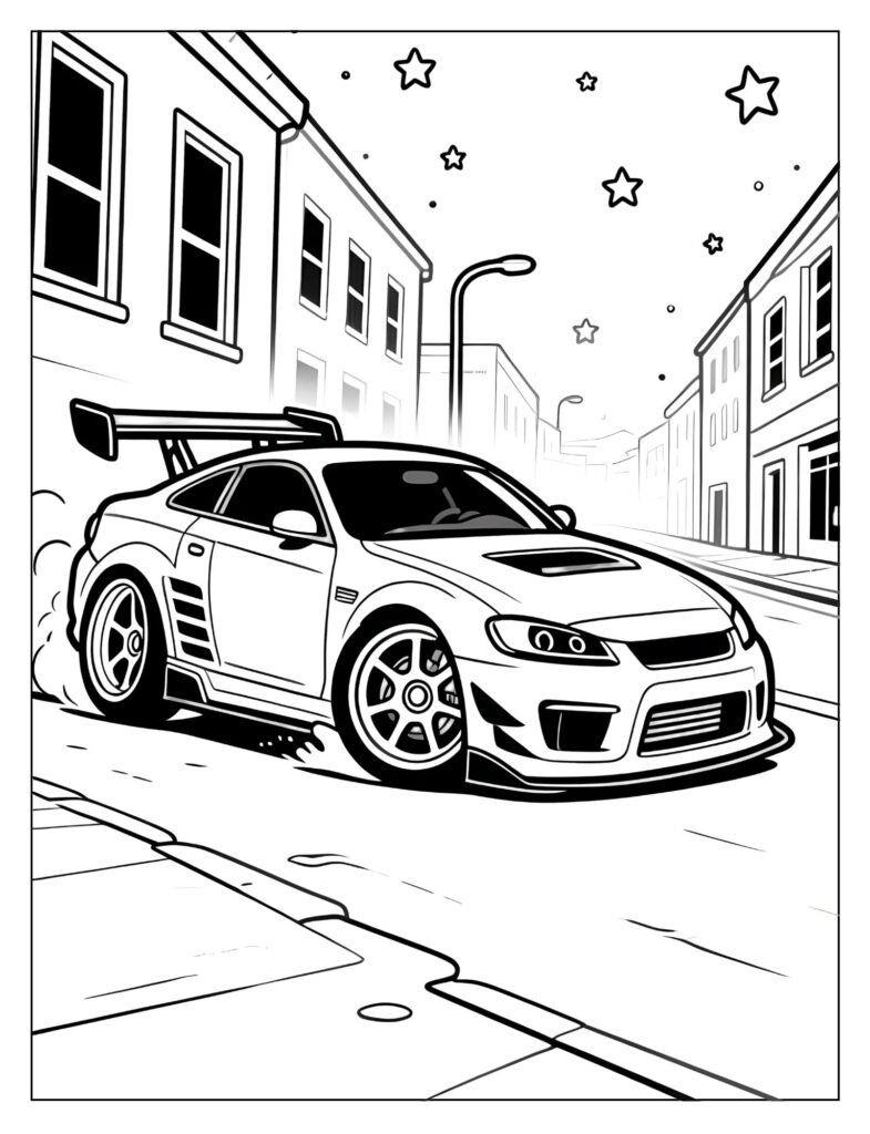 A custom car drifting on a city street at night with city lights.