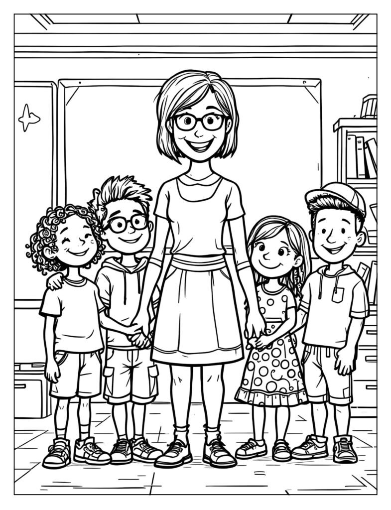 A group portrait of a diverse class with their teacher, all holding hands.