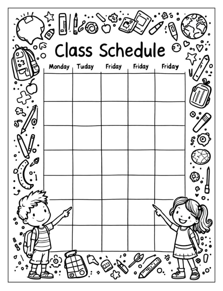 A line art drawing of a blank class schedule or timetable with spaces for subjects and times, ready for coloring.