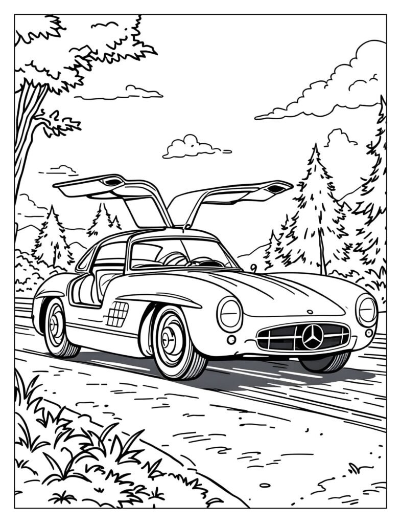 Historical drawing of the legendary 1950s Mercedes-Benz 300 SL "Gullwing" coupe with its unique doors.