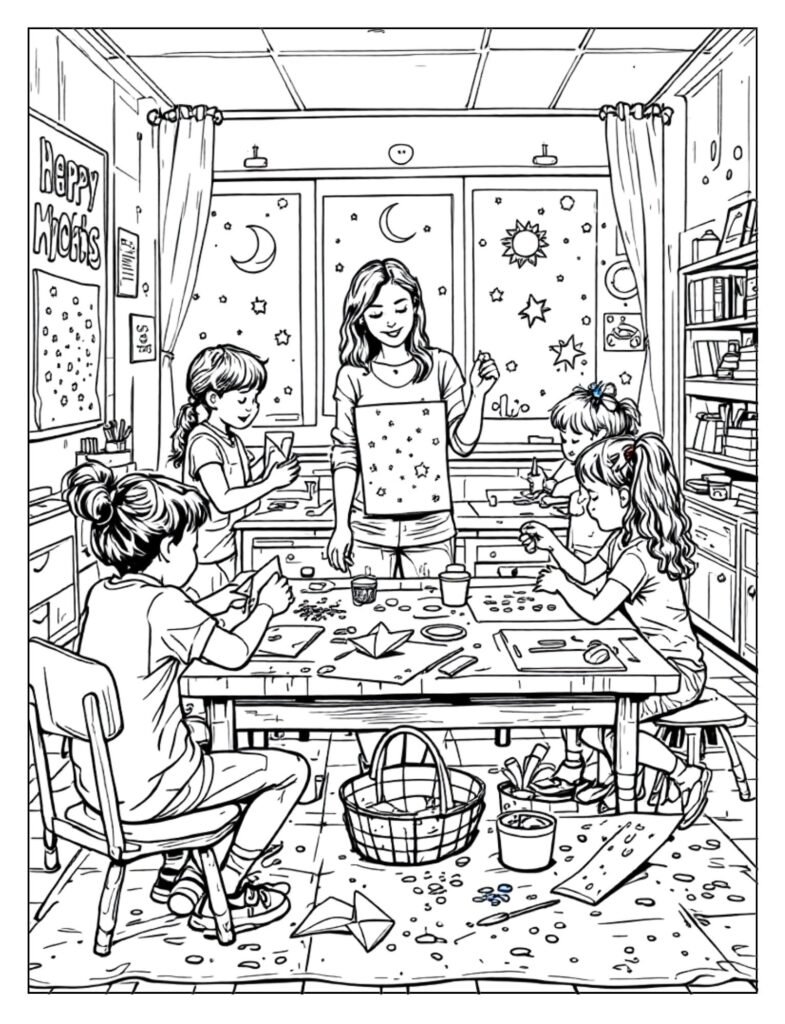 A line art drawing of students collaborating on a large art project within a classroom setting, ready for coloring.