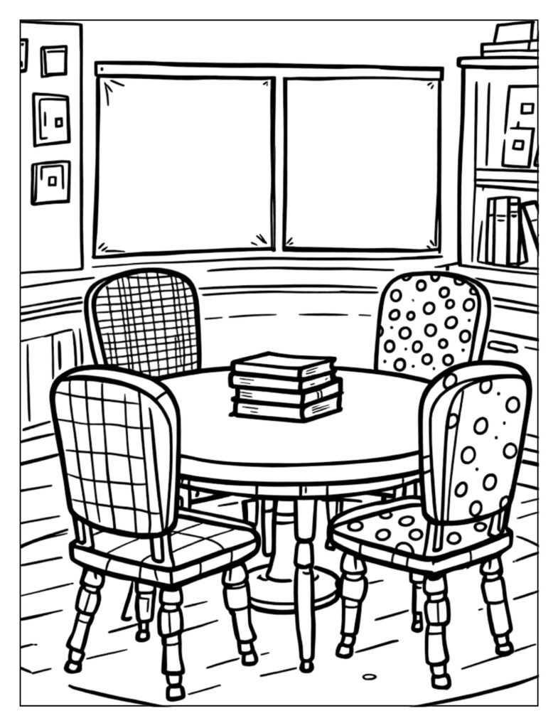 An outline drawing of several empty classroom chairs arranged neatly, ready for coloring.