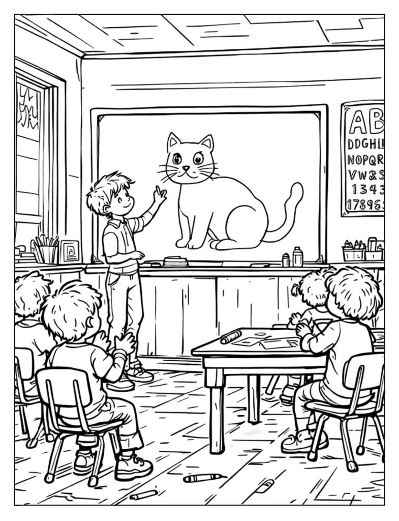 An outline drawing of a classroom scene with desks, chairs, and a blackboard, ready for coloring.