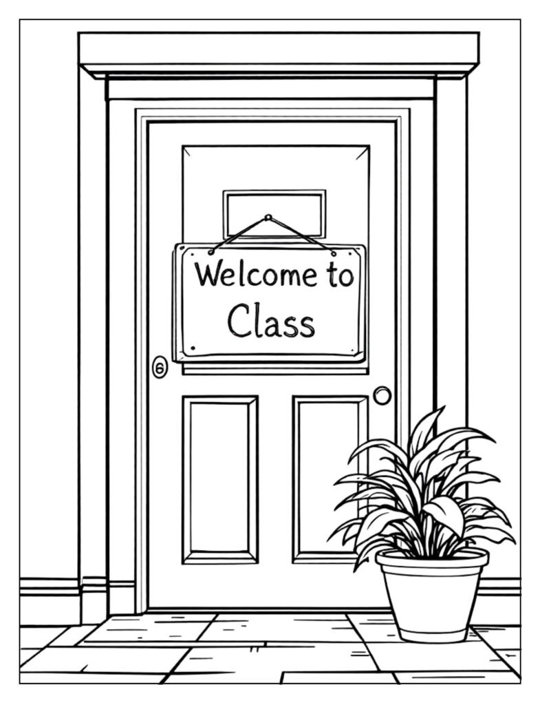 A line art drawing of a classroom door, possibly with a handle or a small sign, ready for coloring.
