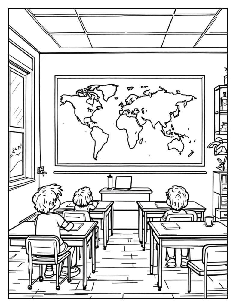 An outline drawing of a classroom wall with a large map hanging on it, ready for coloring.